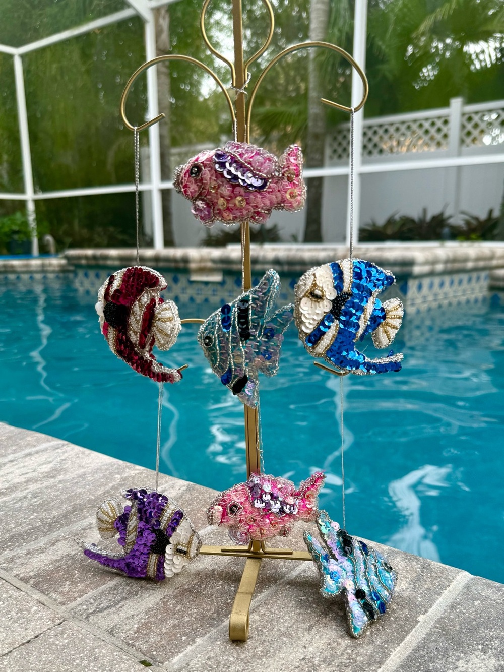 Lot of 7 Vintage Handmade Sequin Christmas Ornaments Ocean Fish Theme